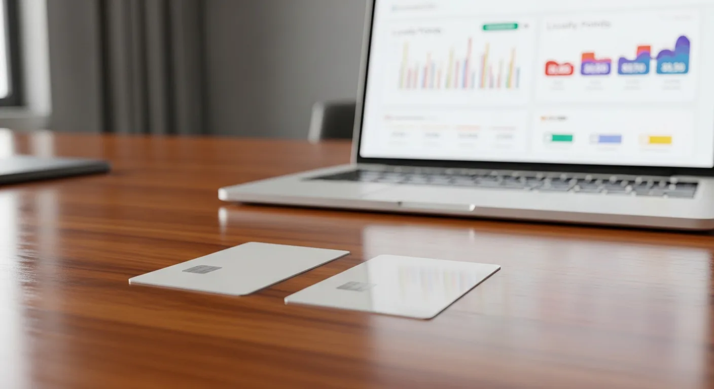 A business desk with two credit cards, a notebook, and a laptop showing a rewards balance