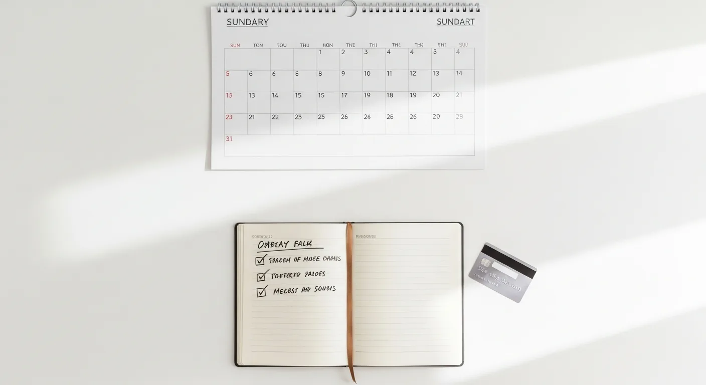 A calendar, a credit card, and a notebook with a checklist on a desk