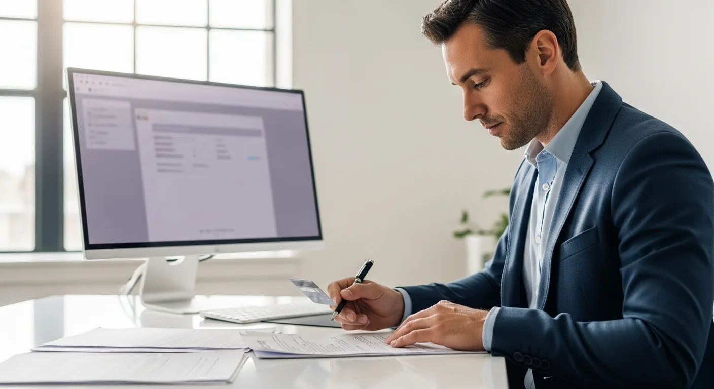 An adult man reviewing documents and a credit card at a modern office desk