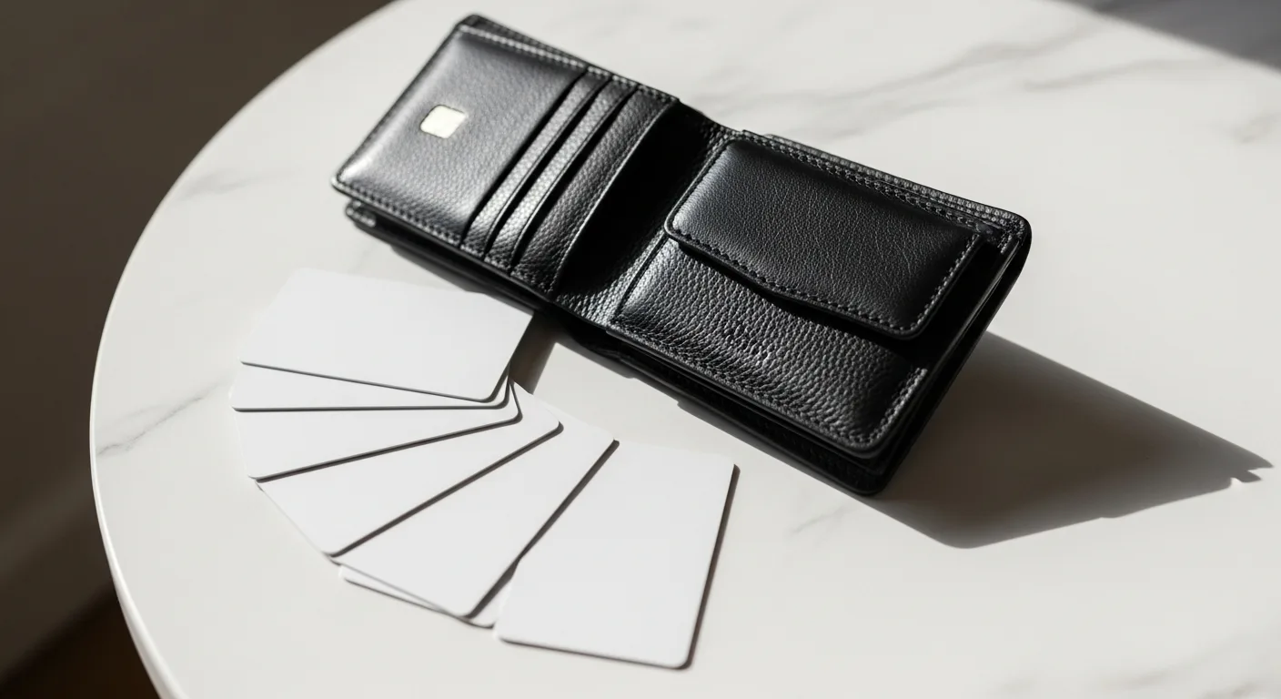 A wallet with several credit cards fanned out on a white table