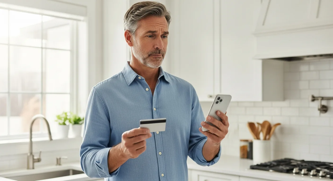 A man holding a credit card and looking thoughtfully at a smartphone screen
