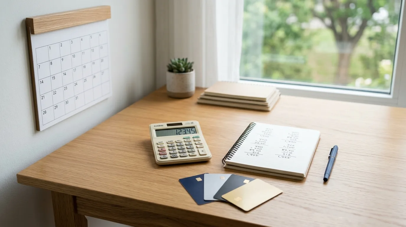 A desk with a calendar, calculator, and credit cards laid out beside a notebook of payment plans