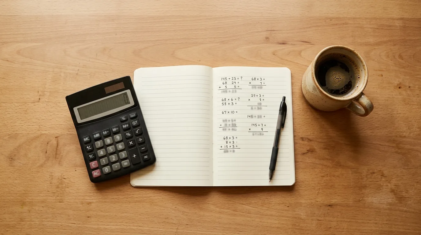 Calculator and notepad showing a payoff calculation on a table