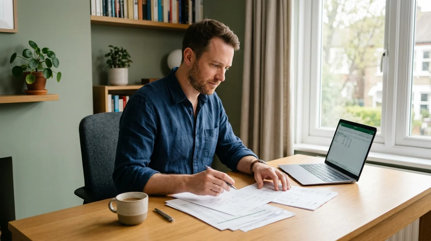 A man reviewing papers at a desk with a laptop