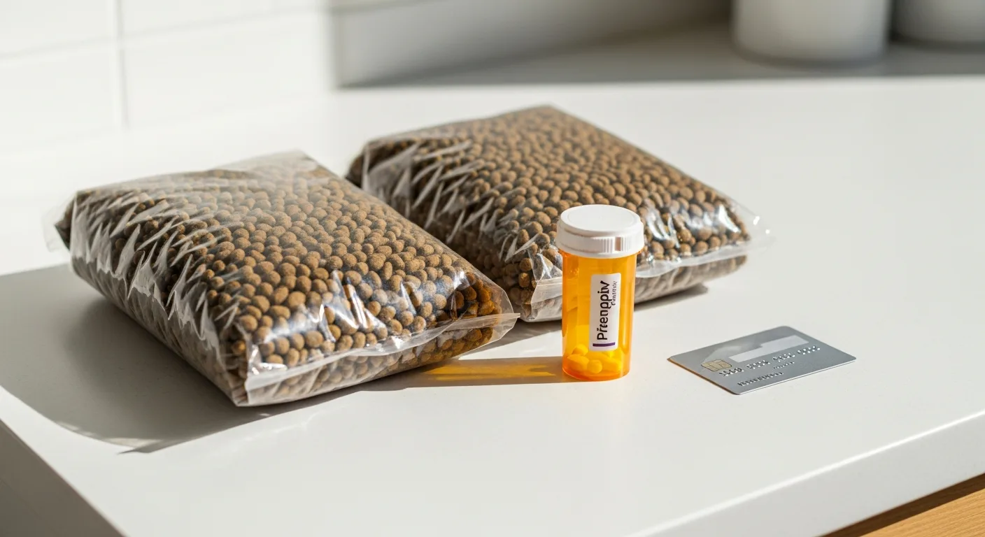 Pet food bags, a pill bottle, and a credit card on a kitchen counter