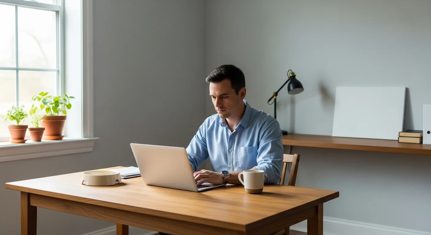 A man reviewing a credit card statement on a laptop next to a dog bowl