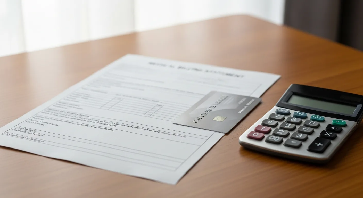 A medical bill document next to a credit card and a calculator on a wooden desk