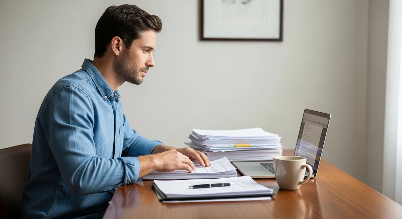 A man reviewing credit report documents at a home office desk with a laptop