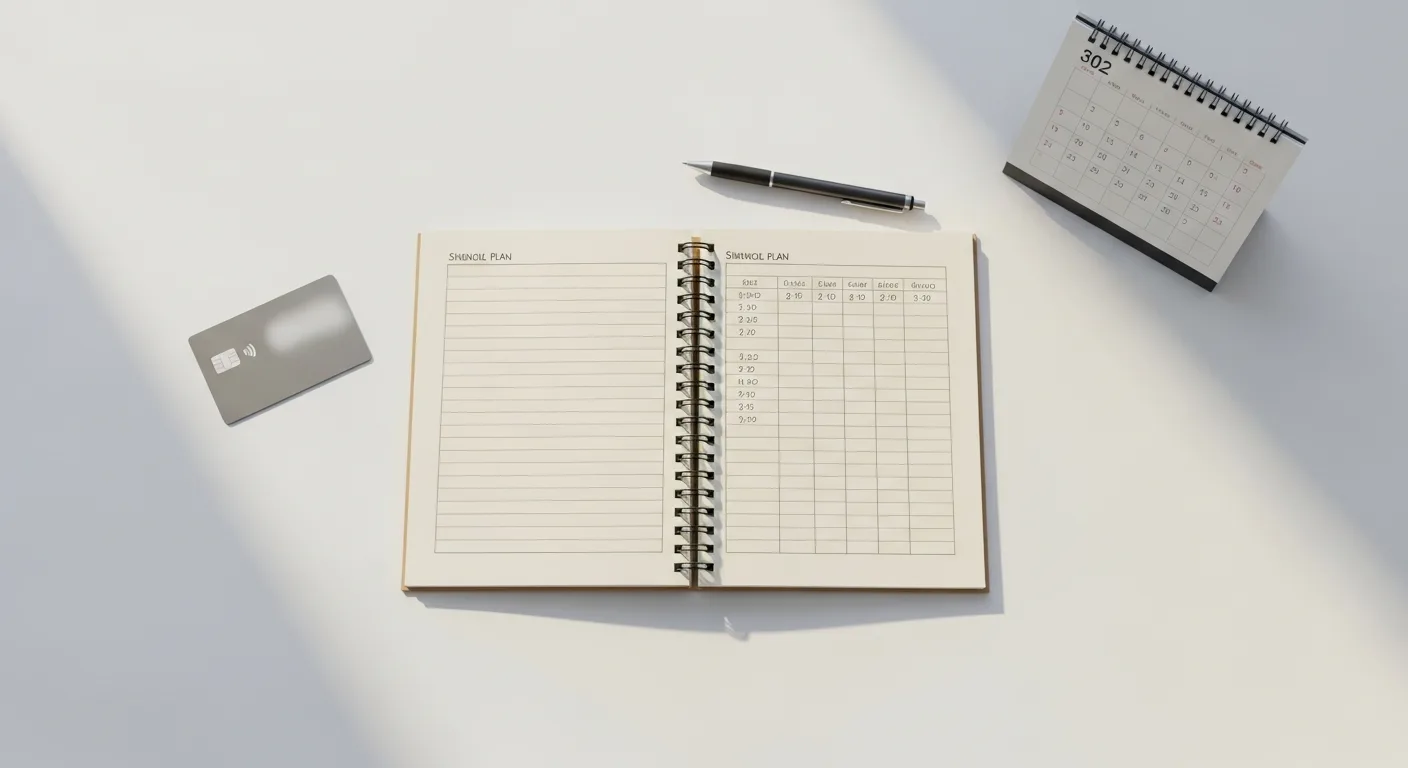 A calendar, a credit card, and a notebook open to a debt payoff plan on a desk