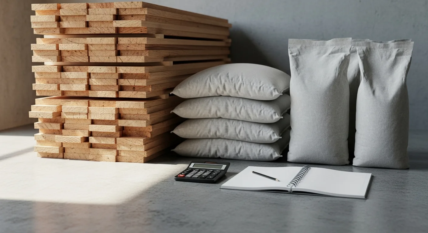 Stack of lumber and building materials next to a calculator and notepad