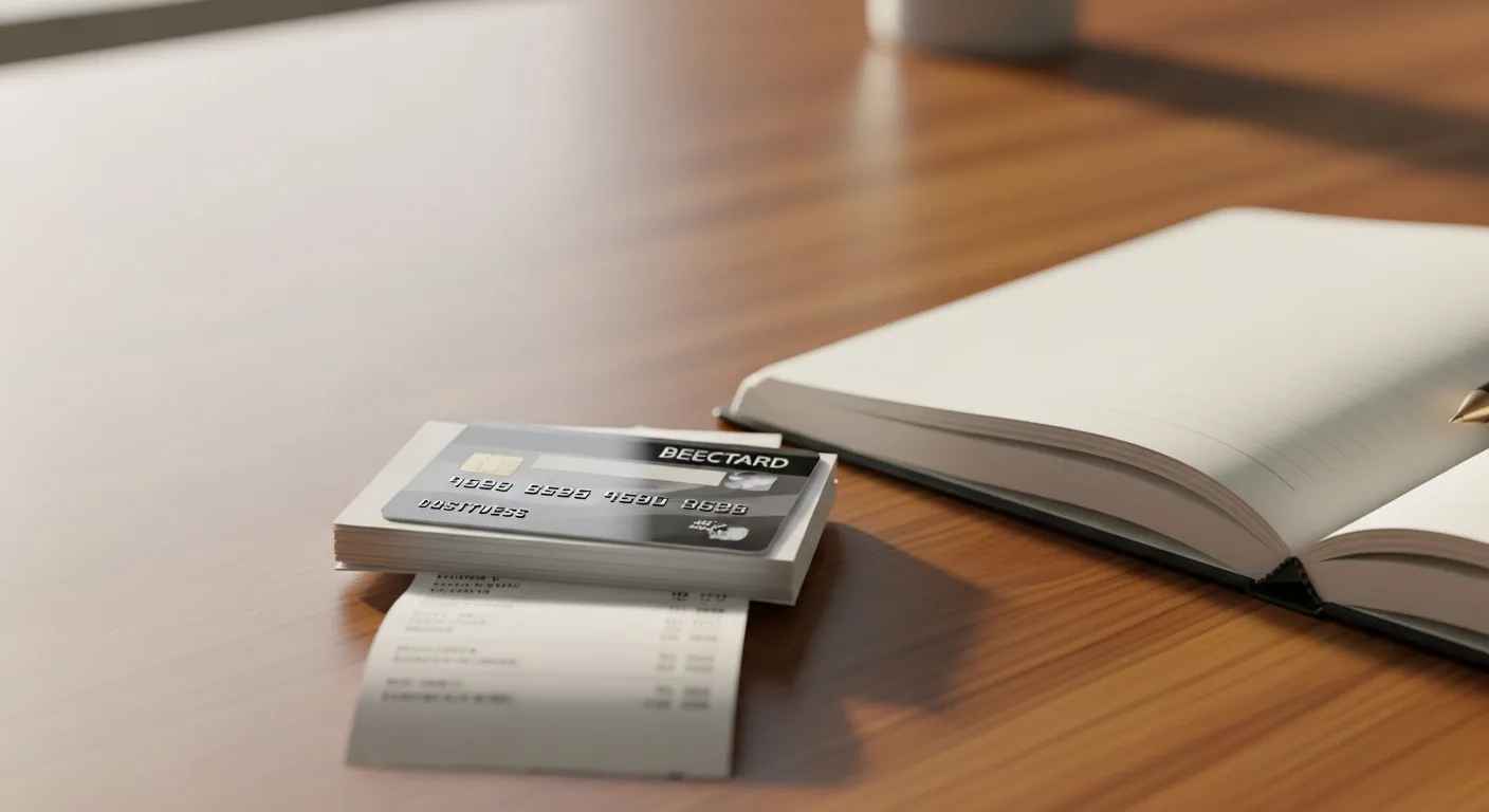 Business credit card and receipts on a clean desk next to a contractor's notebook