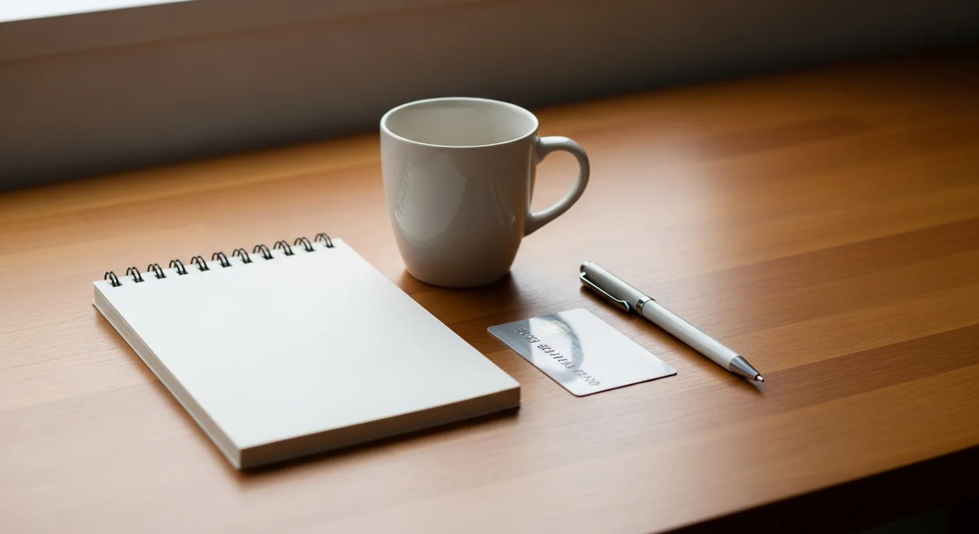 A small business notebook, a coffee mug, and a credit card on a wooden desk