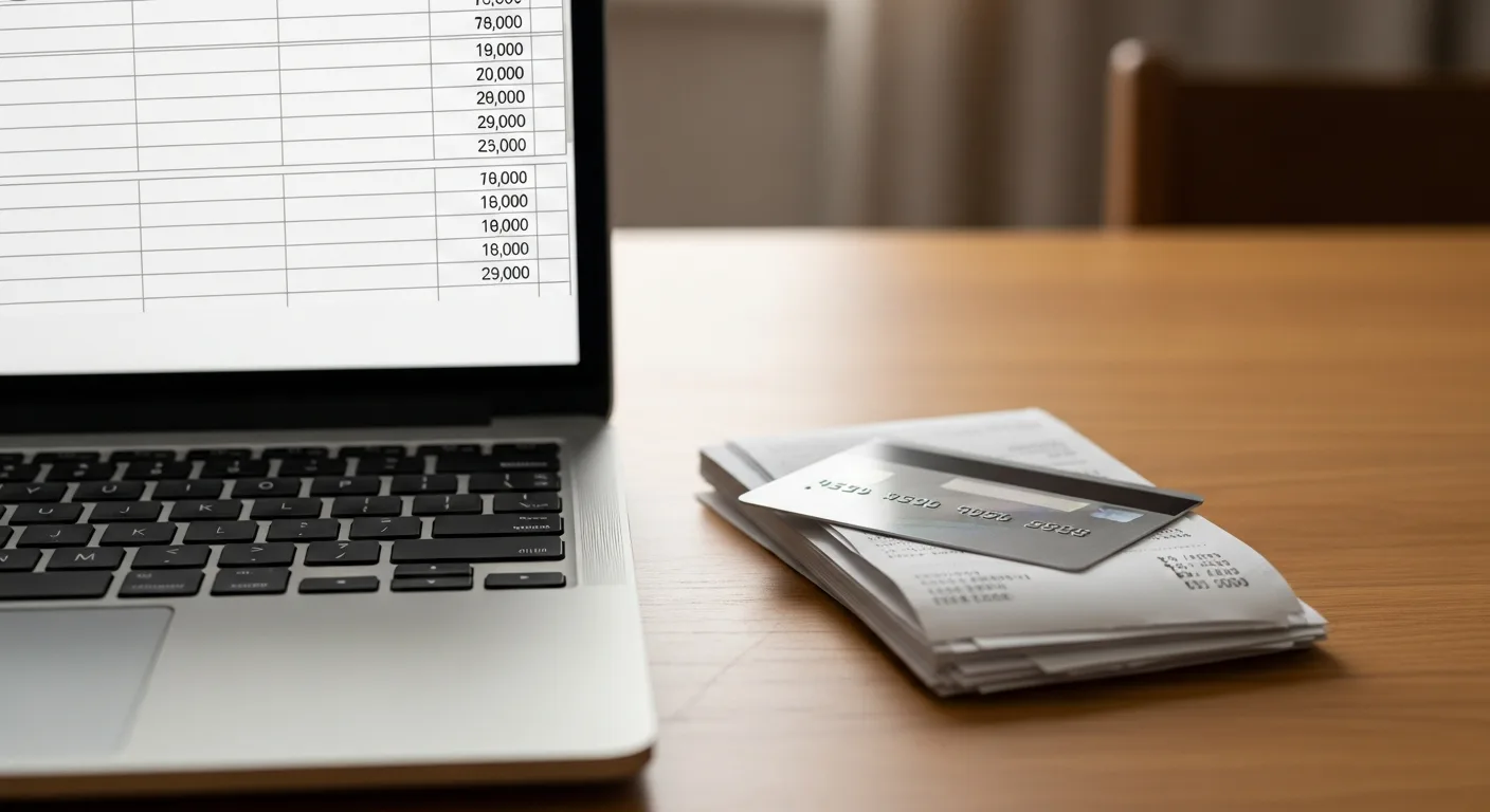 A laptop showing a spreadsheet next to a credit card and a stack of receipts