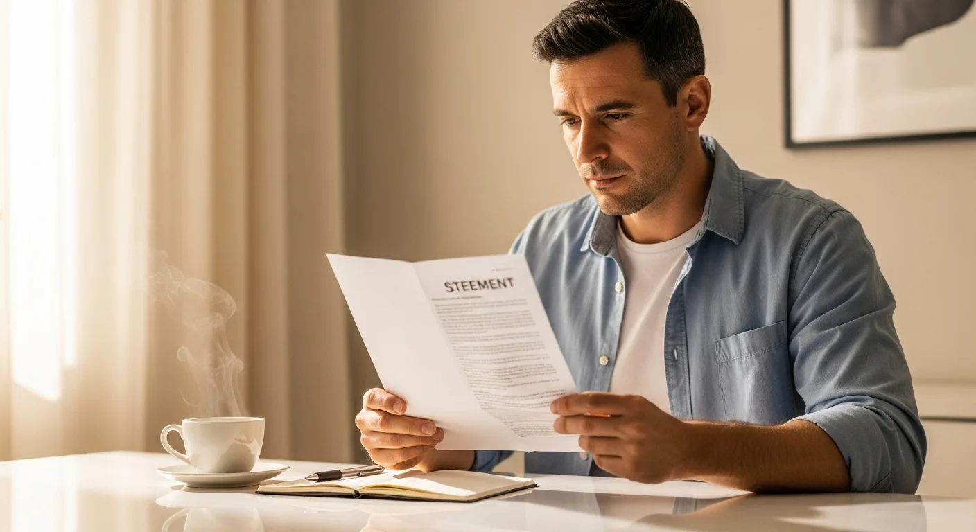 An adult man reviewing a business statement at a tidy home office desk