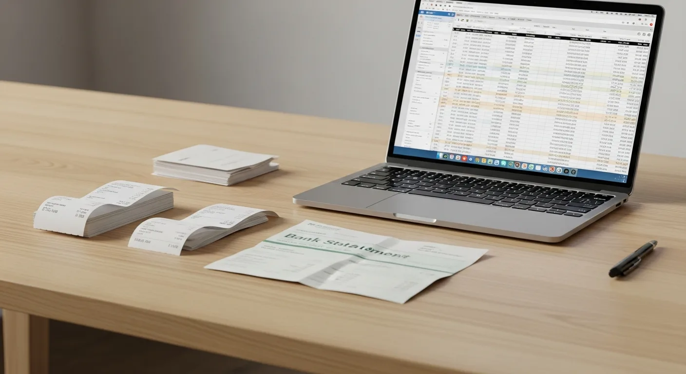 A stack of receipts and a printed bank statement on a clean desk next to a laptop