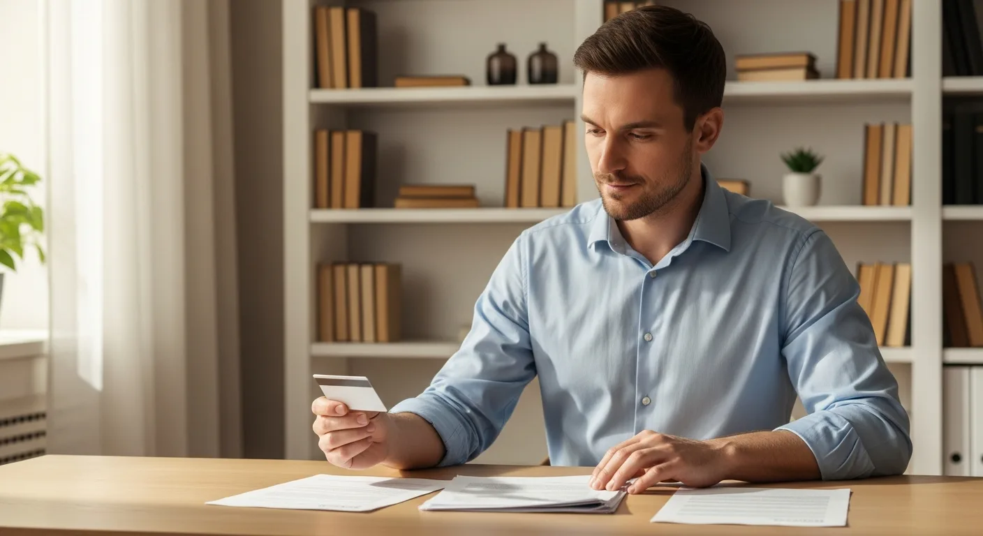 An adult man sitting at a home office desk reviewing documents with a credit card in hand