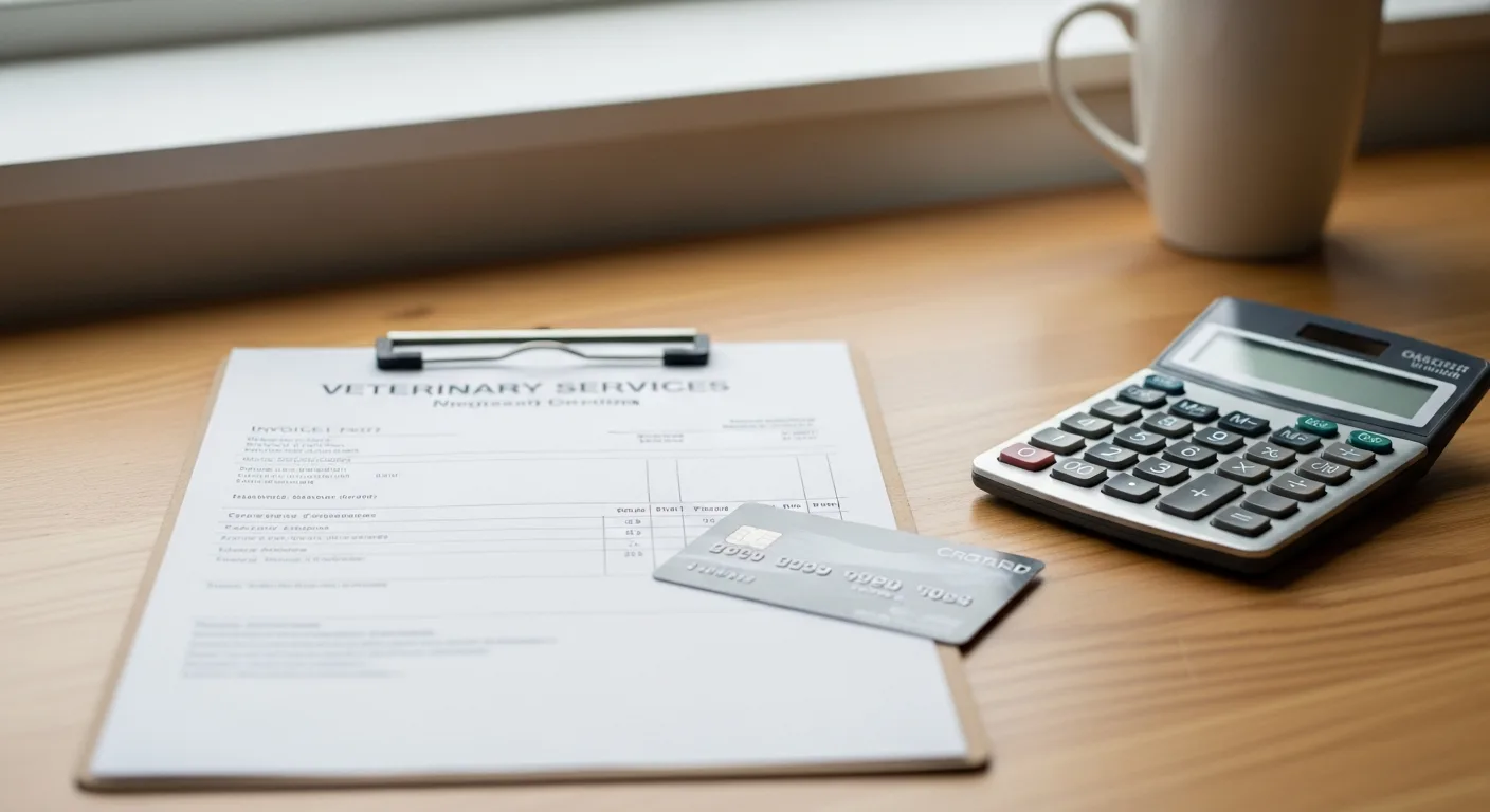 A veterinary invoice on a desk next to a credit card and a calculator