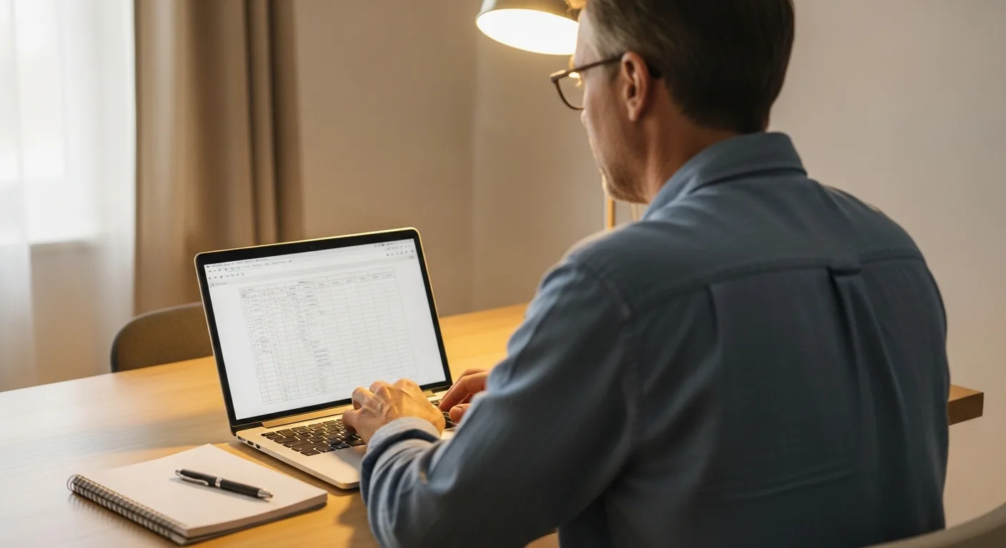 A man reviewing a monthly budget spreadsheet on a laptop at a home desk
