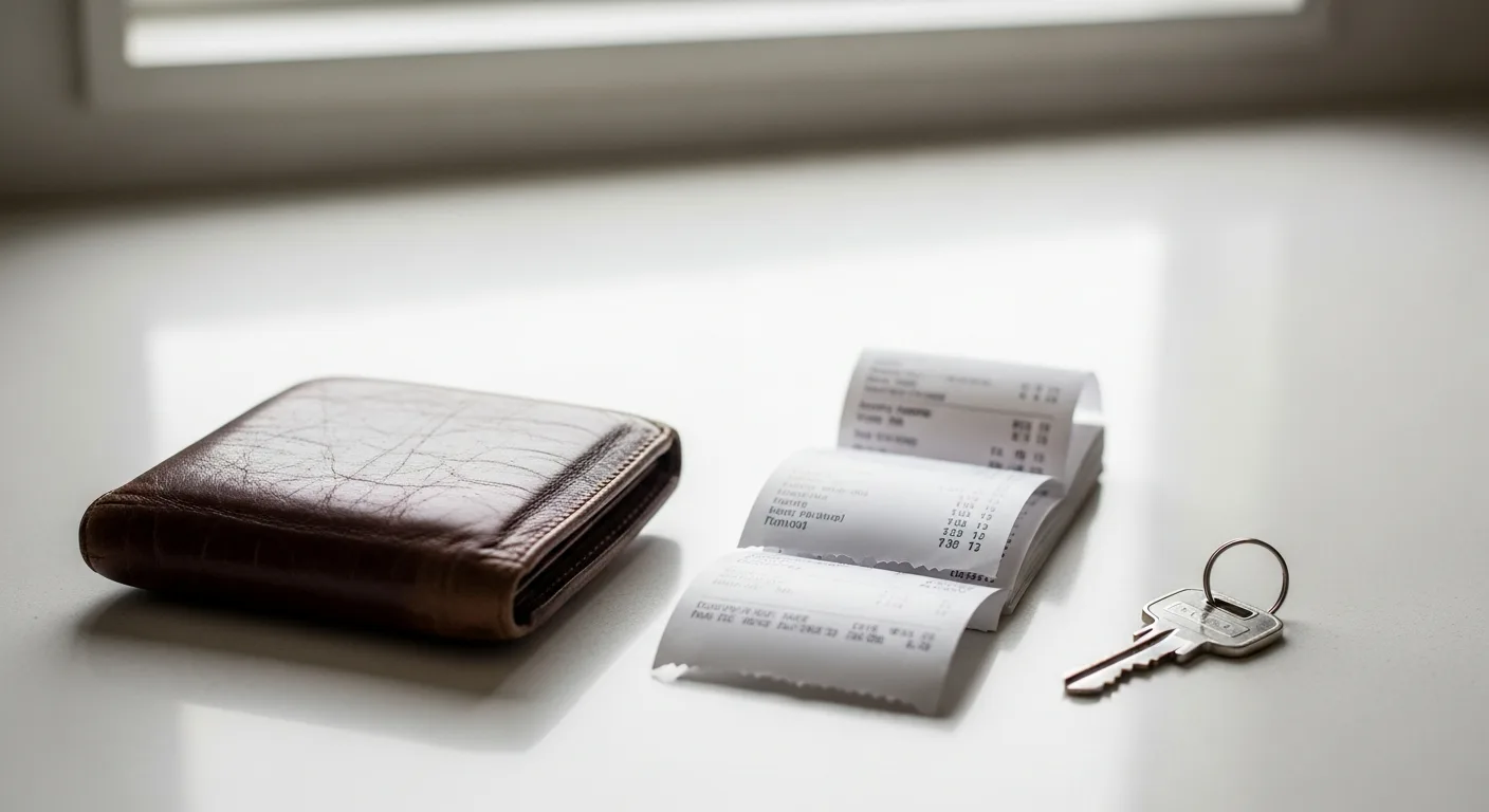 A leather wallet resting on a kitchen counter beside a house key and a stack of grocery receipts