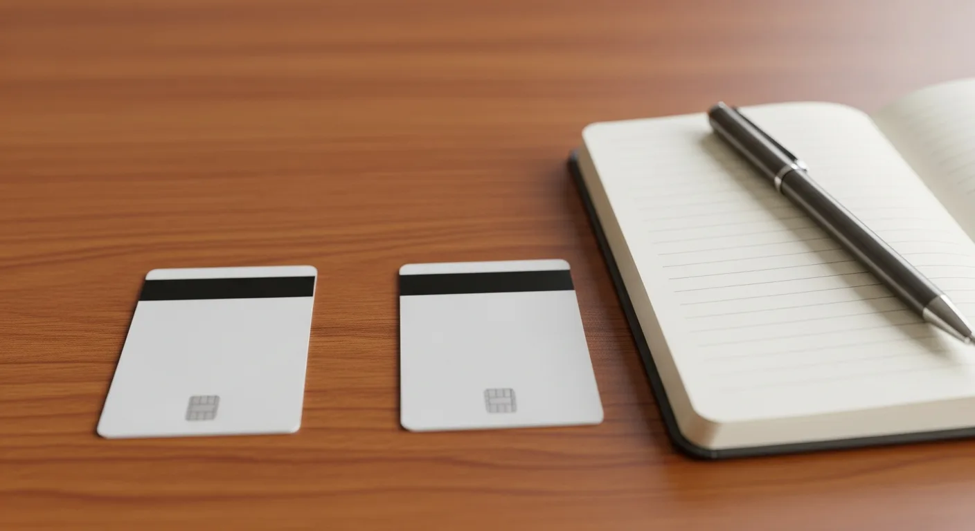 Two credit cards side by side on a wooden surface next to a small notebook and a pen