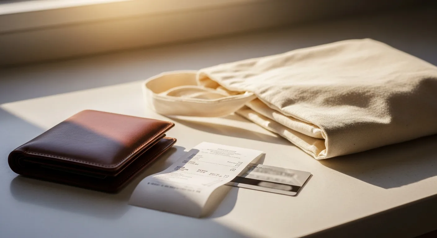 A wallet, a grocery receipt, and a credit card on a kitchen counter next to a reusable shopping bag