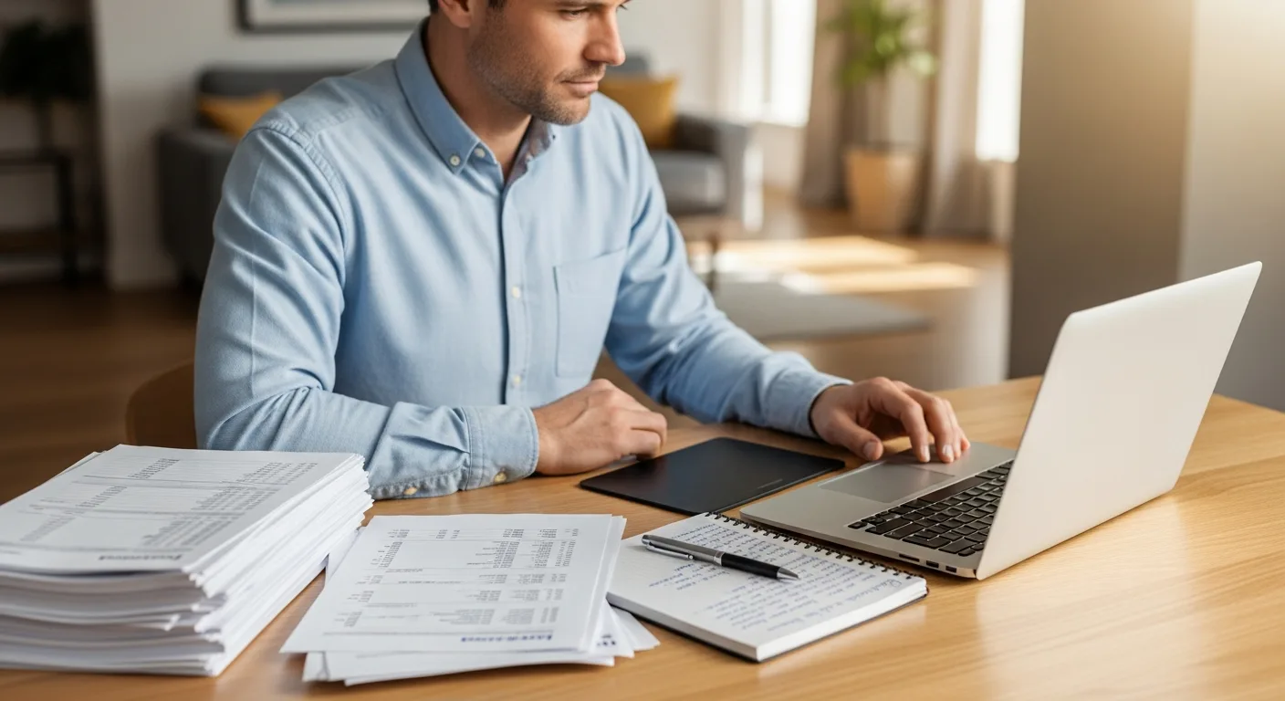 An adult man reviewing credit card statements at a home desk with a laptop and notepad