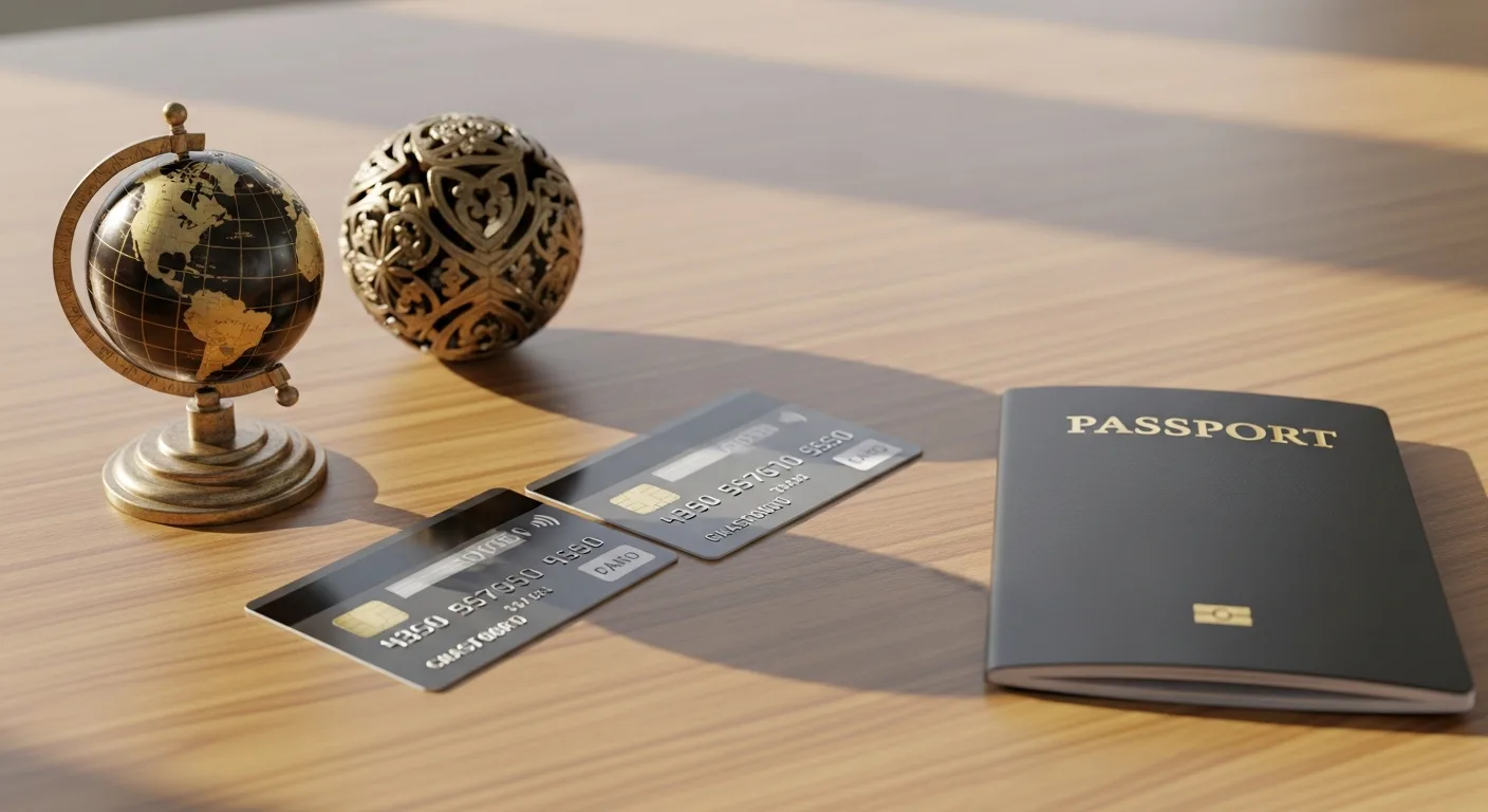 Two credit cards and a small globe beside a passport on a wooden desk
