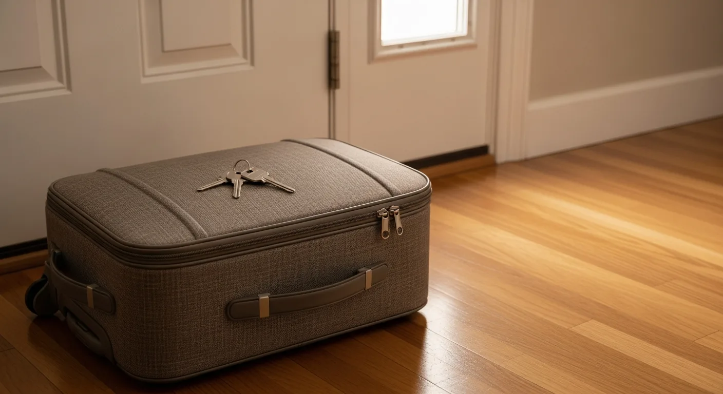 A packed carry-on suitcase sitting near a front door beside a set of house keys