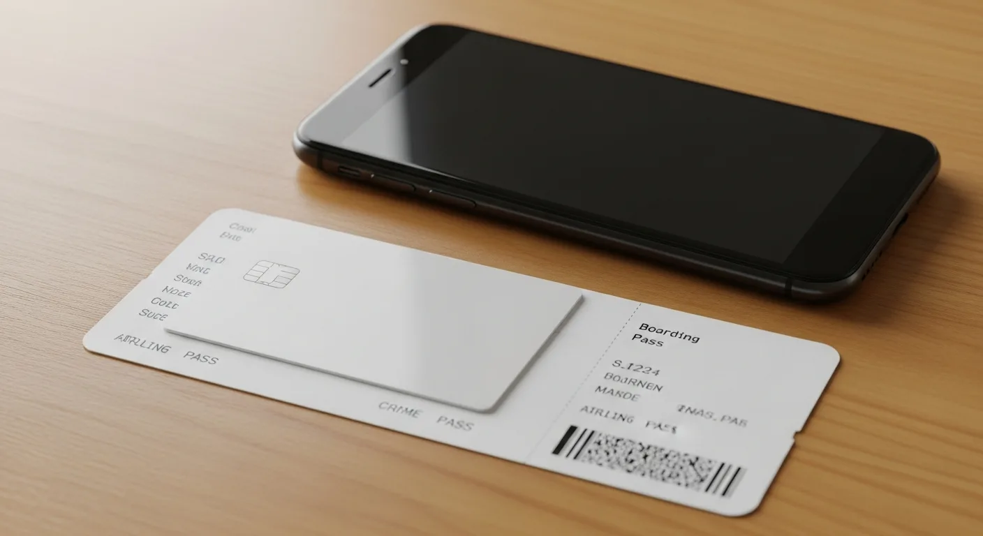 A credit card resting on top of a printed airline boarding pass on a wooden desk
