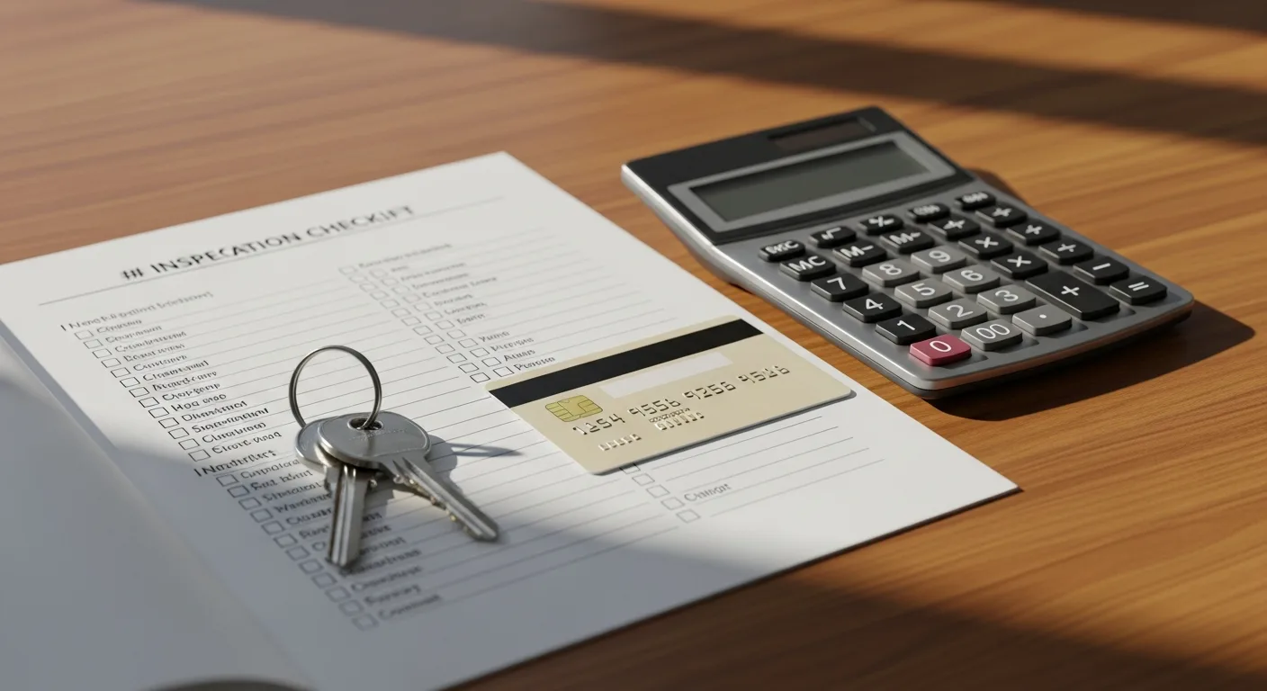 A calculator, credit card, and house keys resting on a wooden desk beside a home inspection report