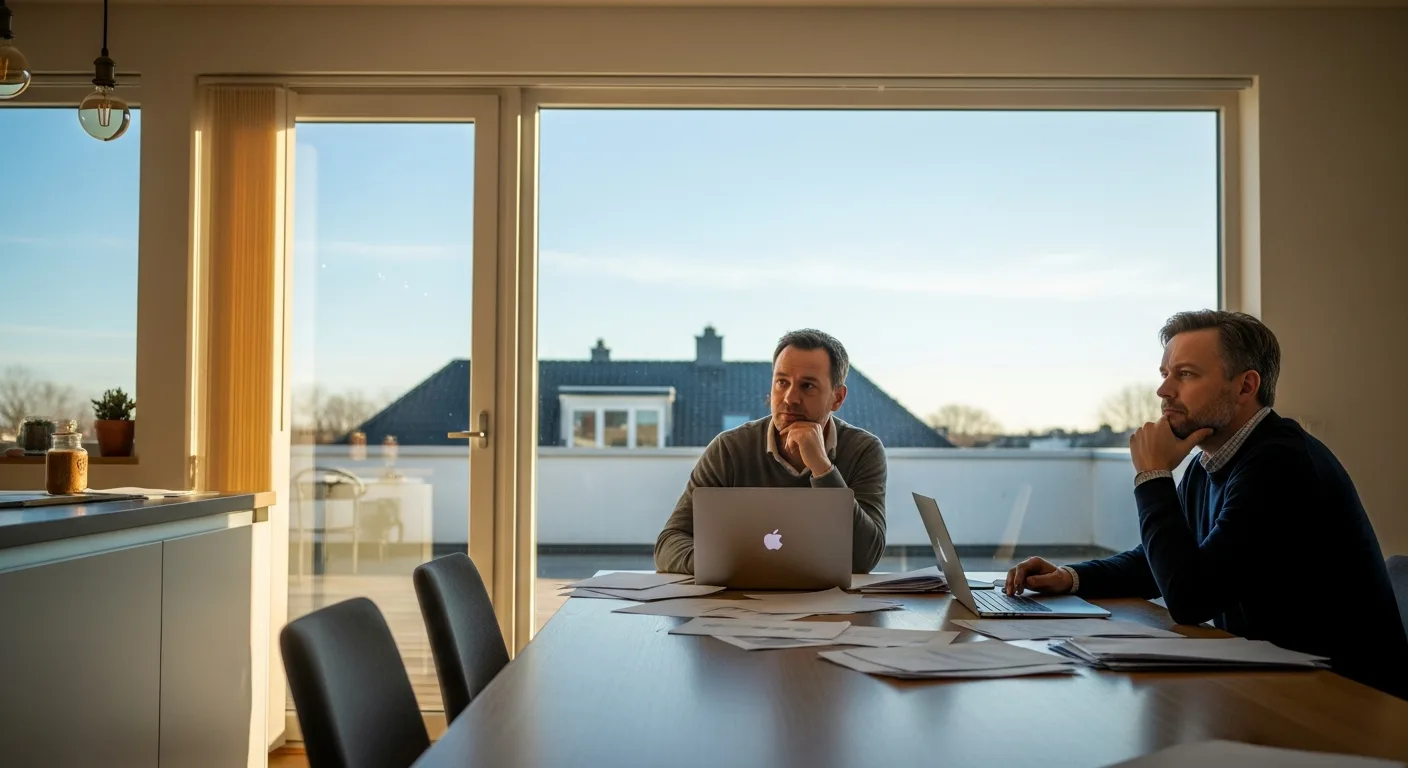 An adult man reviewing documents and a laptop at a kitchen table with roof tiles visible through a window