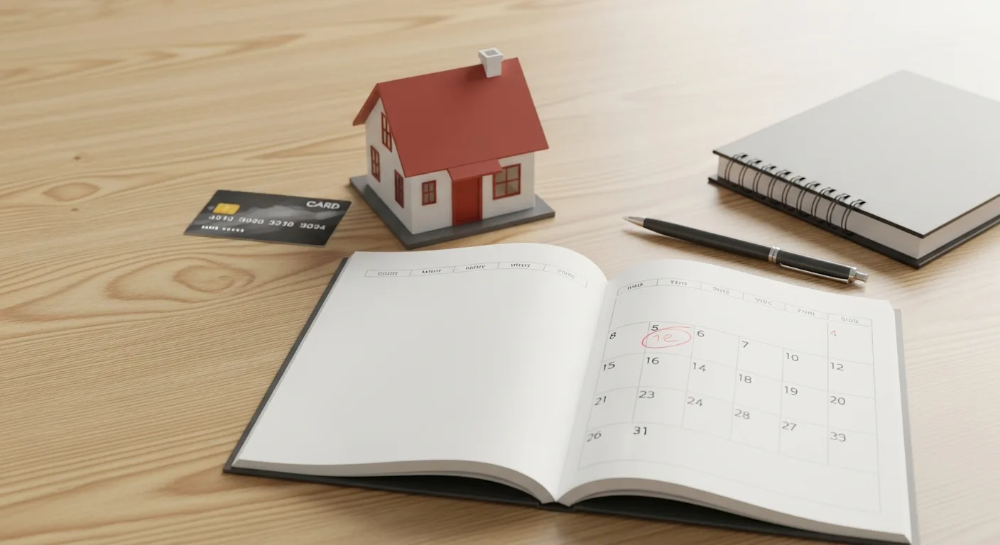 A credit card and a calendar placed on a wooden surface beside a small house model