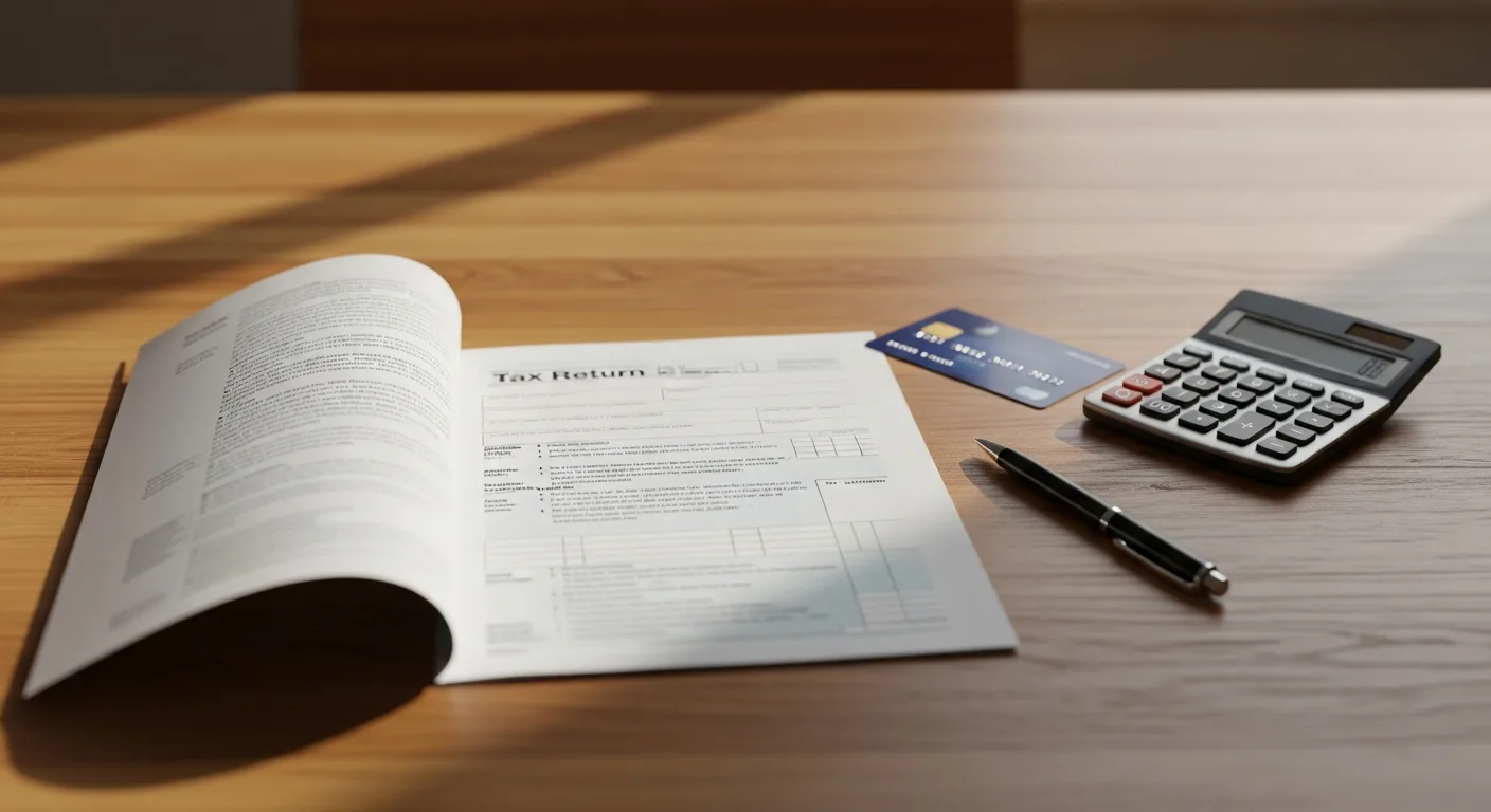 A tax document and calculator beside a credit card on a clean wooden desk