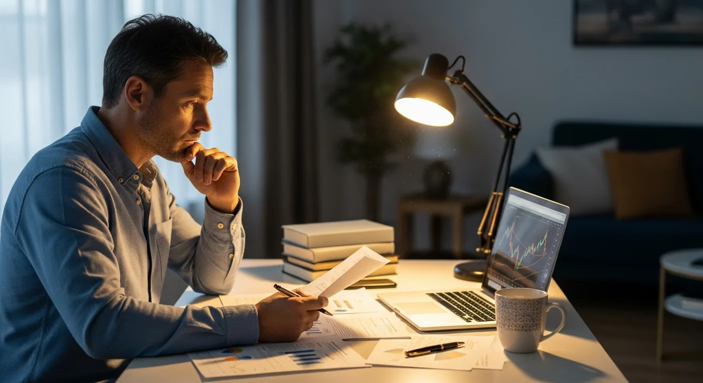 A man reviewing financial documents and a laptop at a home office desk