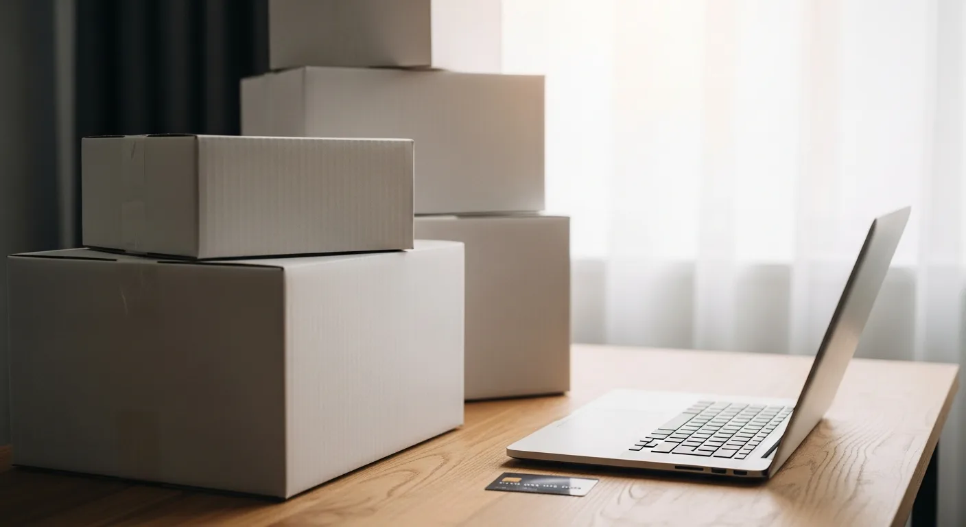 Moving boxes stacked beside a laptop and a credit card on a wooden desk