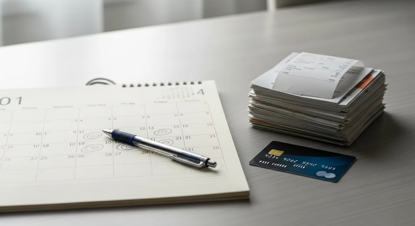 A calendar with a pen marking key dates next to a stack of receipts and a credit card