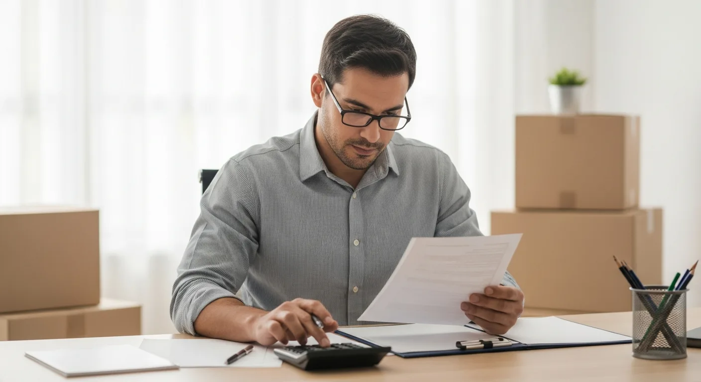 An adult man reviewing documents at a desk with a calculator and moving-related paperwork