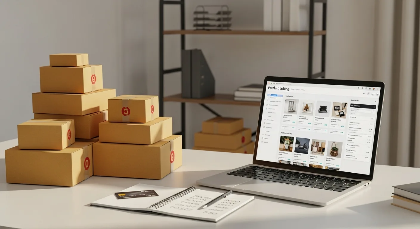 Cardboard boxes and shelving units next to a laptop showing an online store dashboard on a wooden desk
