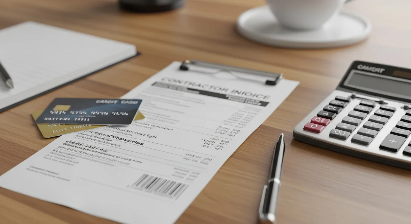 A contractor invoice on a wooden desk beside a credit card and a calculator