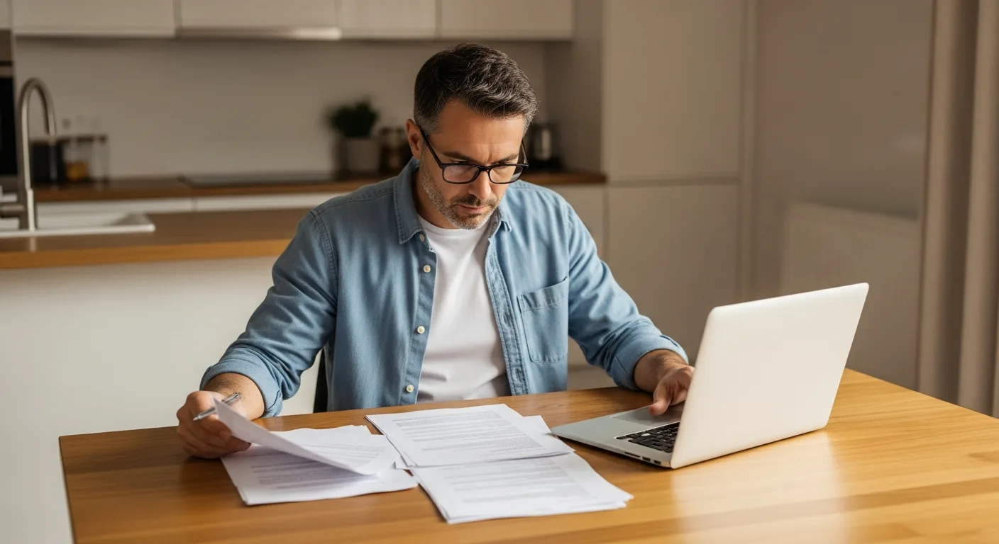 A man reviewing paperwork at a kitchen table with a laptop open