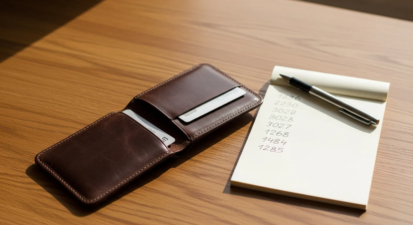 A wallet open on a desk showing a credit card next to a notepad with written figures
