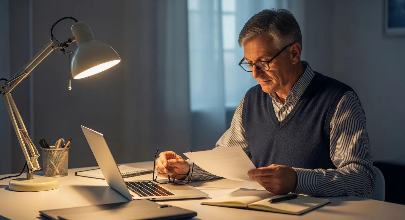An adult man reviewing a credit report on a laptop at a home office desk