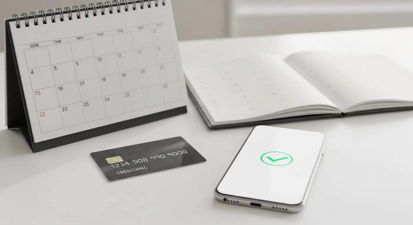 A credit card next to a calendar and a smartphone showing an autopay confirmation screen