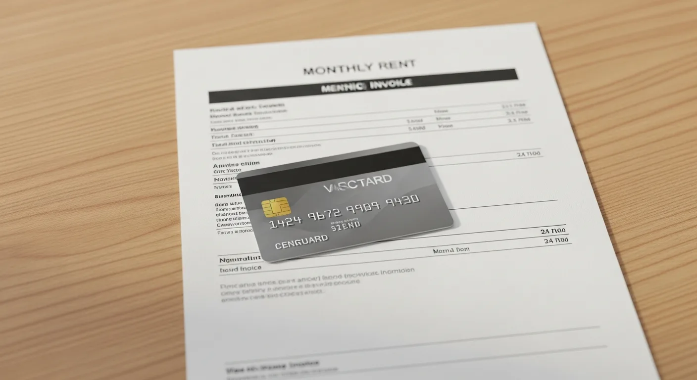 A credit card resting on top of a monthly rent invoice on a wooden desk