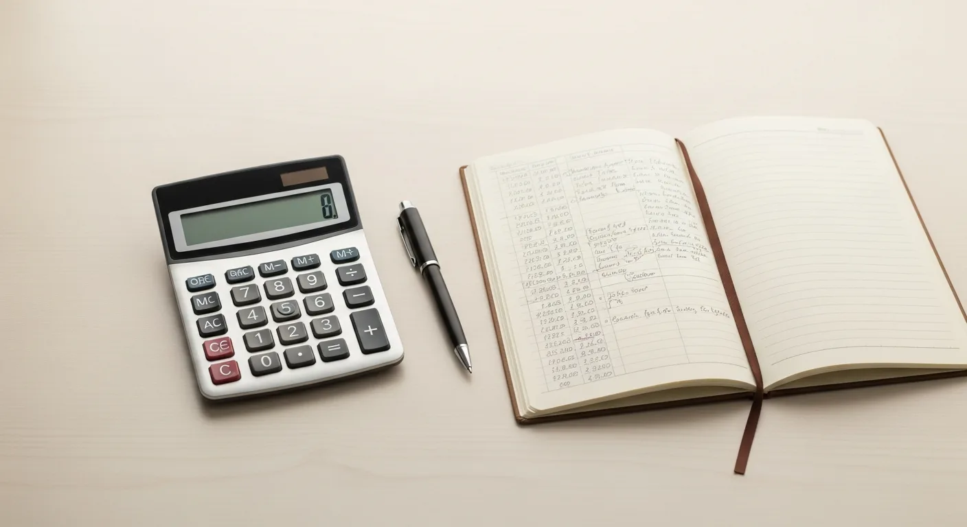 A calculator, pen, and notebook showing monthly budget calculations on a desk
