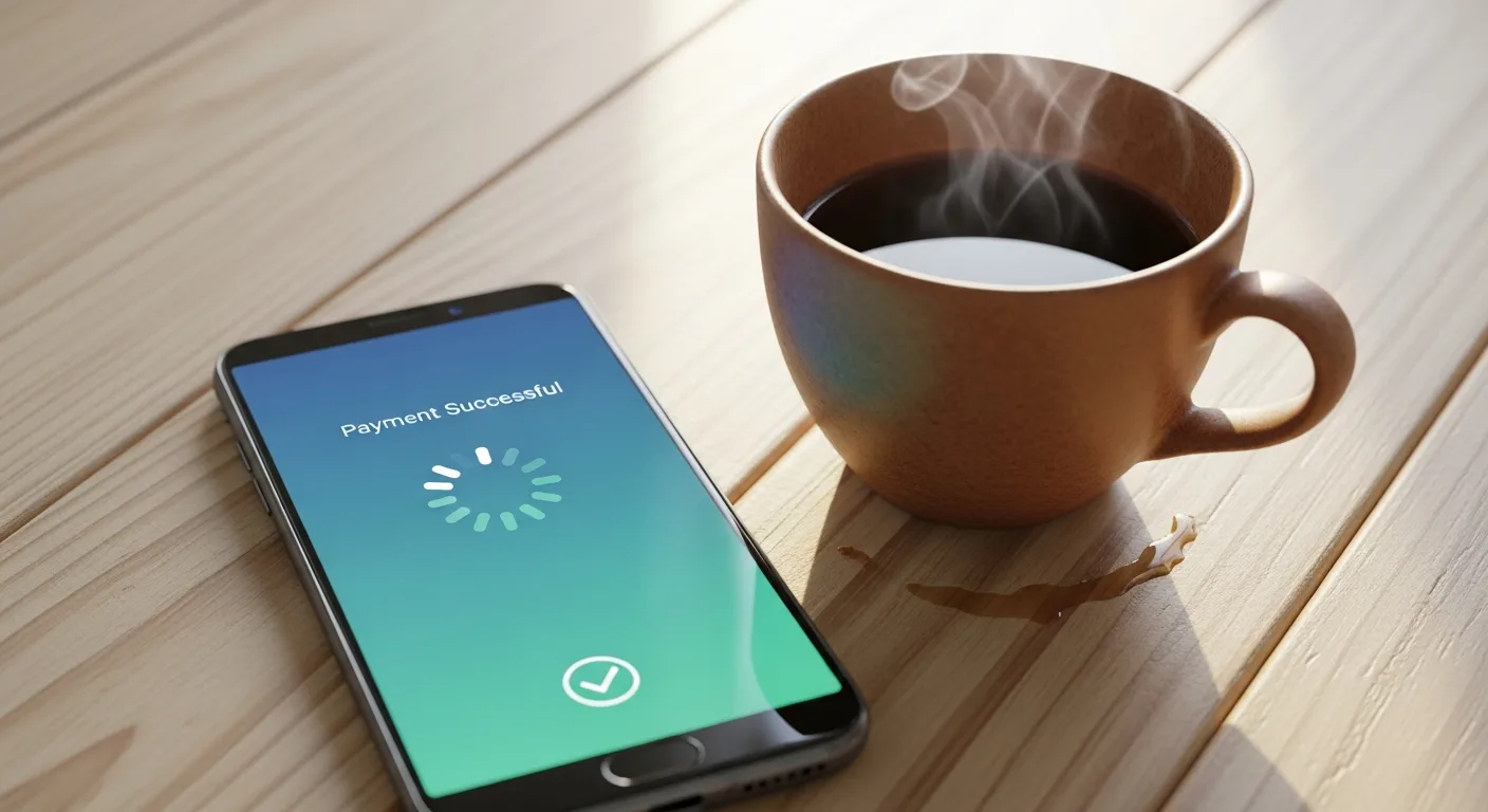 A smartphone displaying a payment confirmation screen beside a cup of coffee on a desk