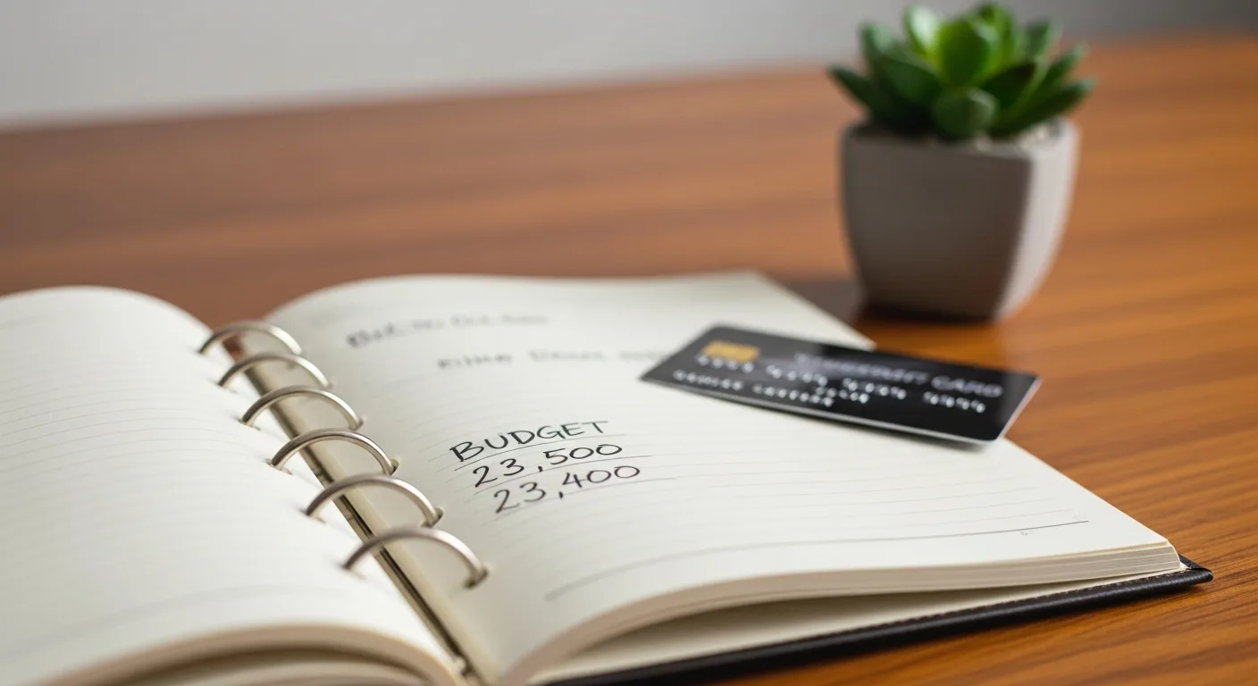 A wedding budget planner notebook beside a travel rewards credit card on a wooden desk