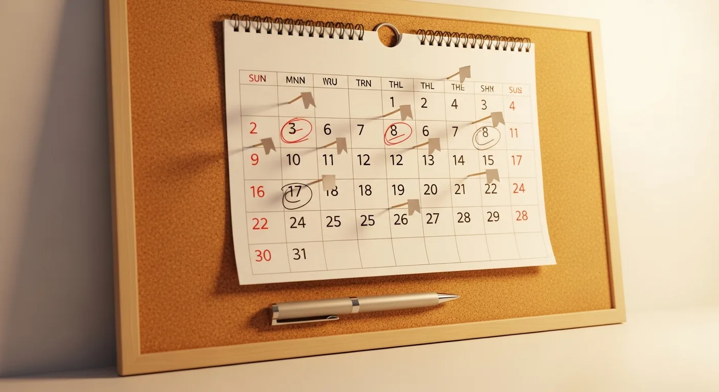 A timeline calendar pinned to a corkboard with payment due dates marked