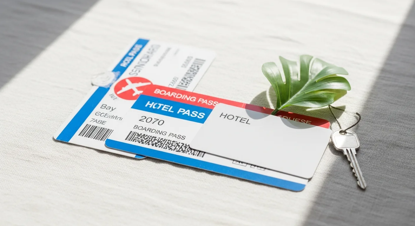 Two airplane boarding passes and a hotel key card on a light linen surface