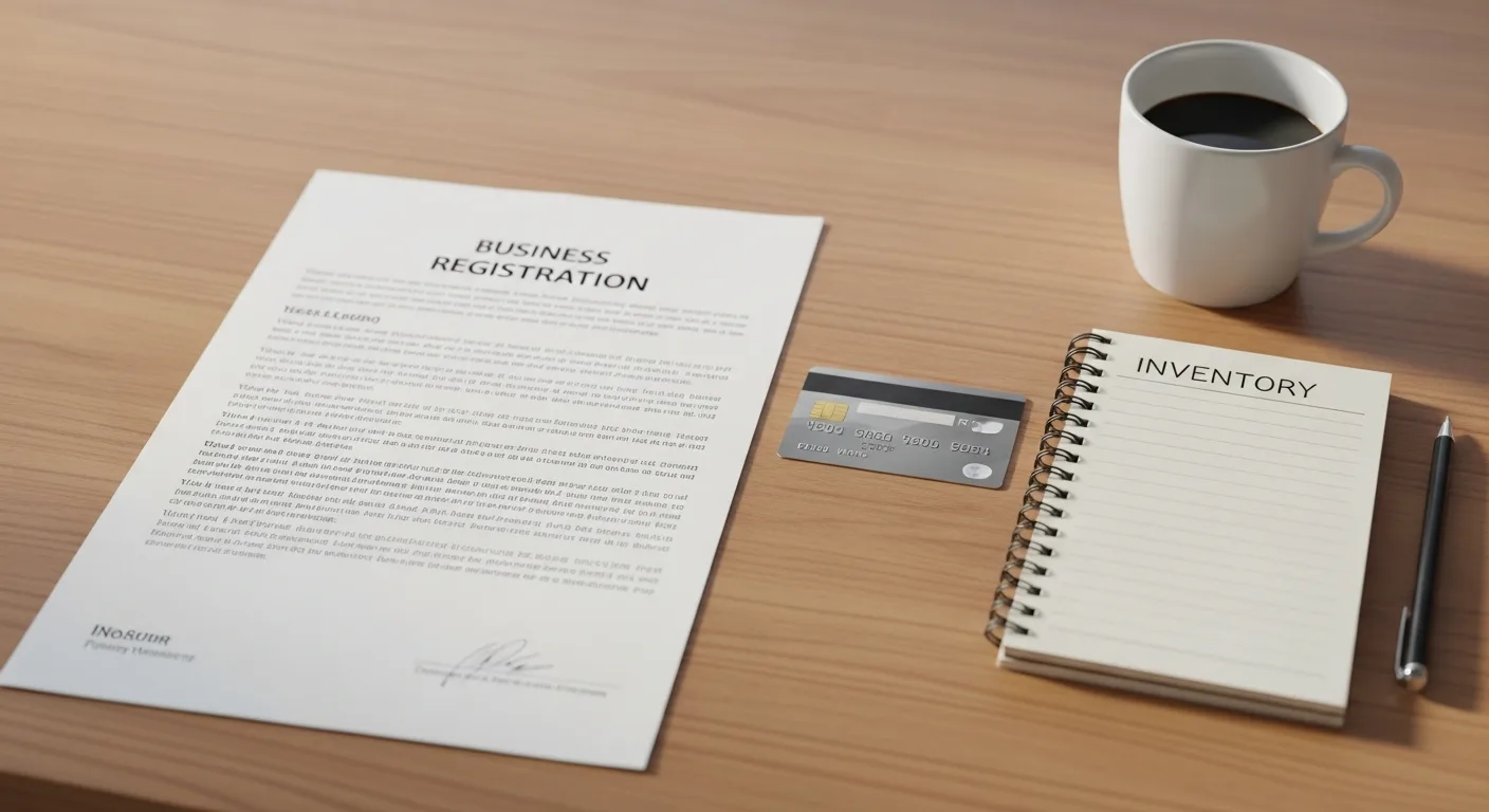 A wooden desk with a business registration document, a credit card, and a small inventory notebook beside a coffee mug